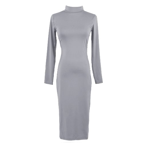 Sexy Turtleneck Long Sleeve Solid Warm Bodycon Midi Dress for Women