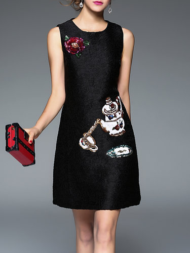 Black Casual Sequins Embroidered Floral Polyester Mini Dress
