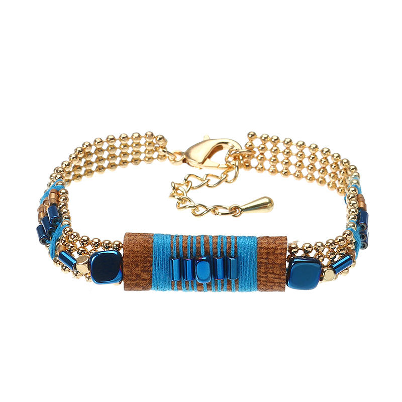 Bohemian Bracelet Gold Plated Blue Glass Bead Thread Charm Adjustable Bangle Boho Jewelry for Women