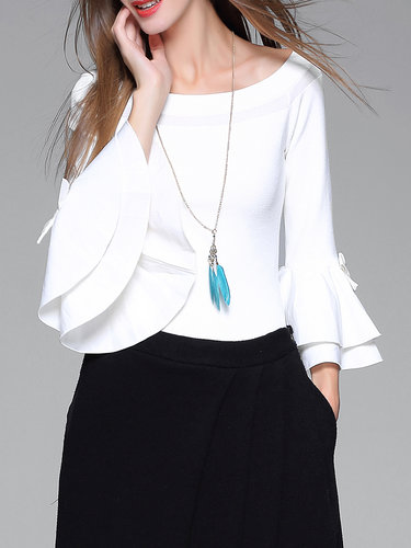White Off Shoulder Bell Sleeve Knitted Plain Sweater
