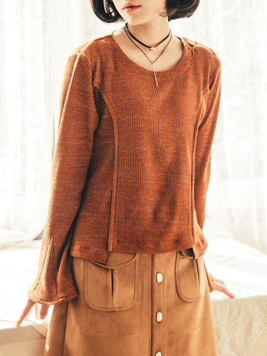 Casual Frill Sleeve H-line Crew Neck Knitted Sweater