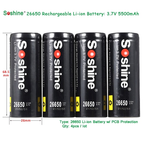 4pcs/lot Soshine 26650 Rechargeable Li-ion Battery 3.7V 5500mAh Batteries w/ PCB Protection