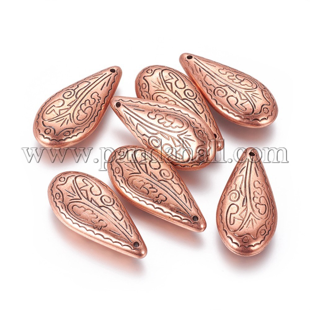 CCB Plastic Carved Teardrop Pendants, Red Copper, 36x17x7mm, Hole: 1mm