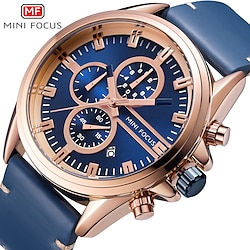MINI FOCUS Fashion Watch Men Quartz Waterproof Sport Wrist Watches For Men Chronograph Blue Genuine Leather Strap Quartz Watch miniinthebox