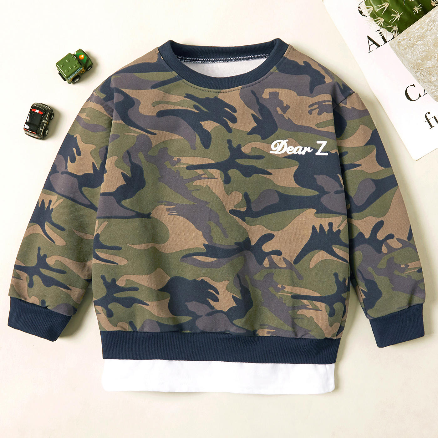 Stylish Camouflage Back Letter Print Faux-two Sweatshirt