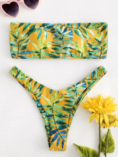 Leaf Print Lace-up Bandeau Bikini Set
