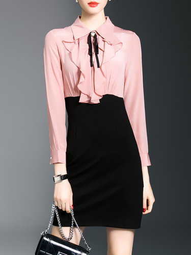 Pink Bow Casual Color-block Solid Sheath Mini Dress