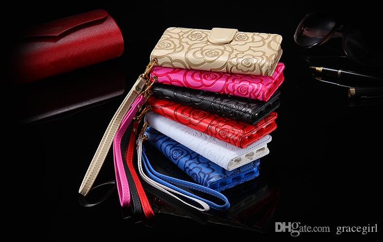 For Iphone X 8 7 Plus SE 5 5S 6 6S Samsung Galaxy S9 S6 S7 EDGE S5 S8 Wallet Leather Pouch Case Camellia Rose Flower Stand Card Strap Skin