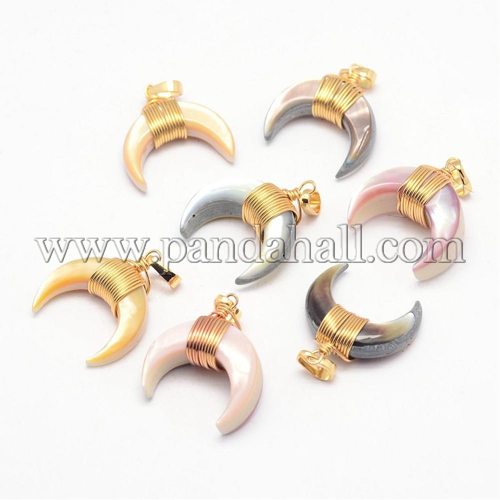 Shell Pendants, Dyed, with Brass Finding, Double Horn/Crescent Moon, Golden, Mixed Color, 28mm, Hole: 4x6mm