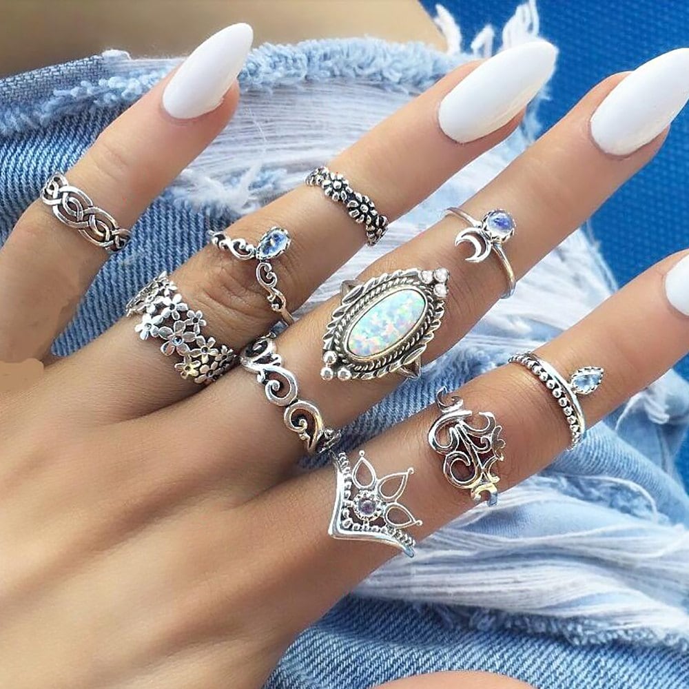 10 Pcs/Set Vintage Lotus Crown Opal Ring Set Women Crystal Handmade Sun Rings