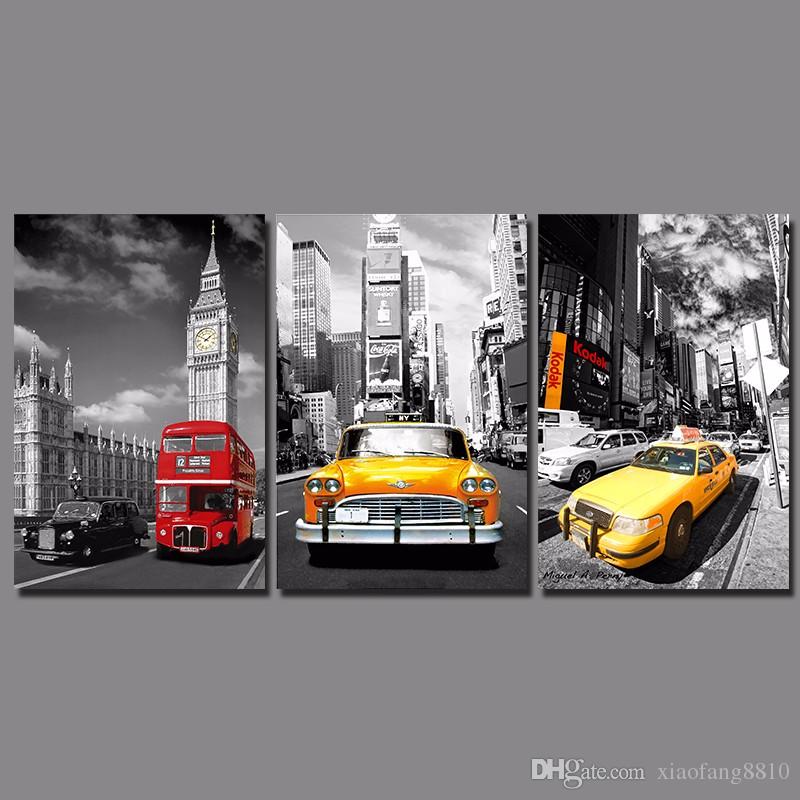 Street View yellow red Bus Taxi picture decoration Big ben canvas painting wall hanging for living room home decor unframed