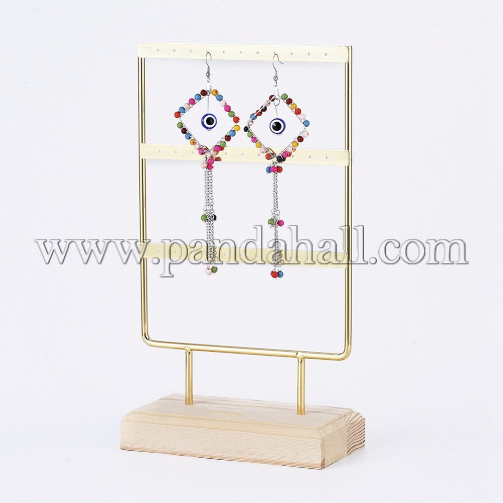 Iron 3-Tier Earring Display Stand, for Hanging Dangle Earring, with Wood Pedestal, Golden, 14.8x26.4x7.5cm