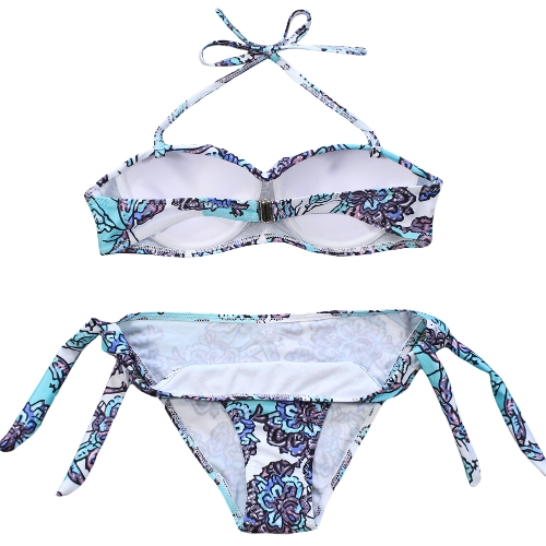 Sexy Women Bikini Set Swimsuit Floral Print Swimwear Tie Halter Padded Two Piece Bathing Suit Beach Wear Light Blue