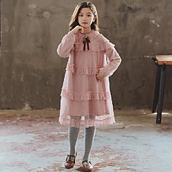 Kinder Mädchen Süß Solide Mehrlagig Gitter Langarm Midi Kleid Rosa