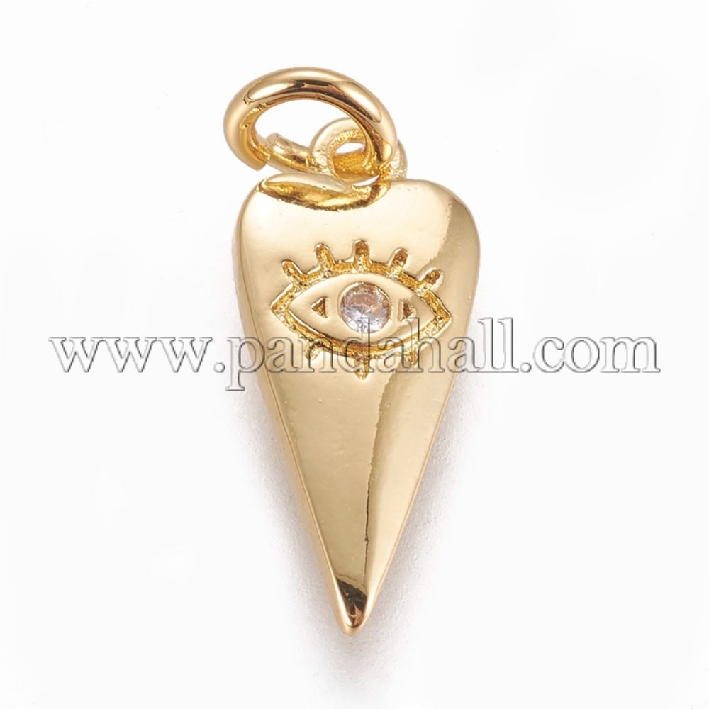 Brass Pendants, with Cubic Zirconia, Heart with Evil Eye, Clear, Golden, 15.5x7x2mm, Hole: 3mm