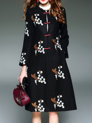 Black A-line Floral-embroidered Long Sleeve Wool Blend Coat