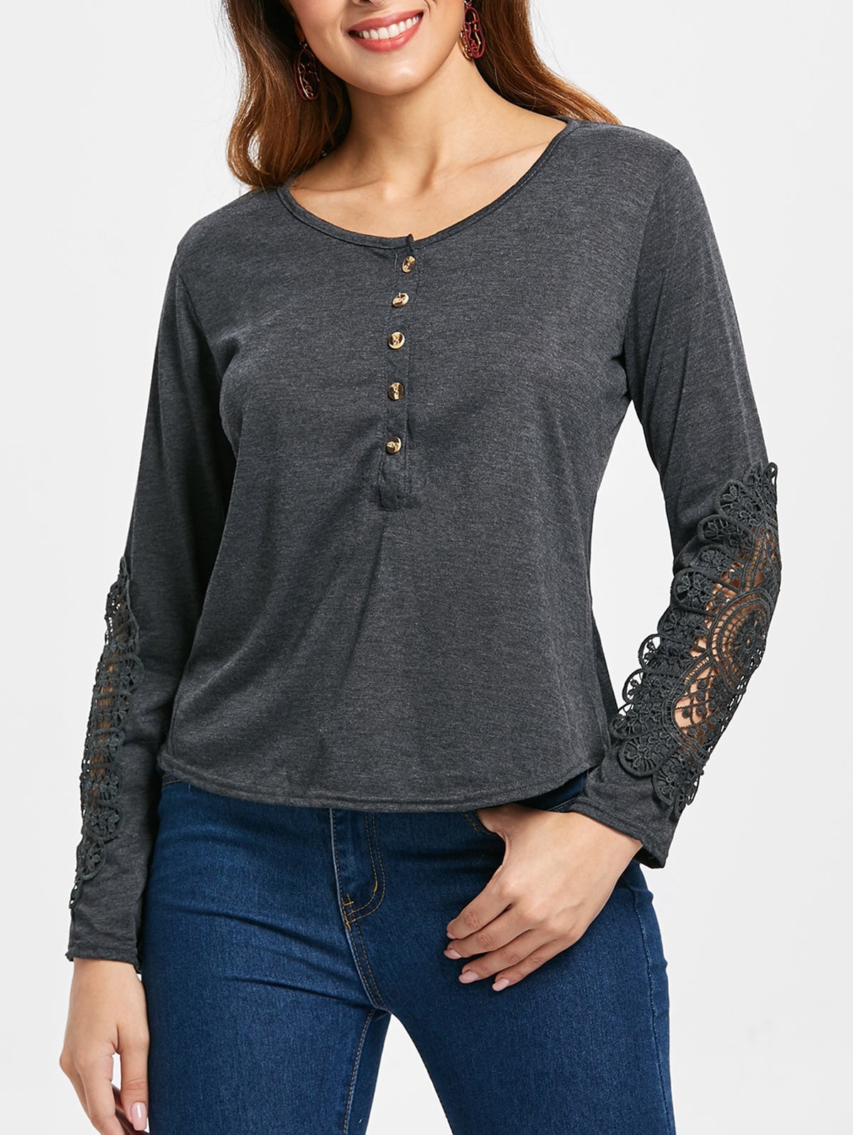 Casual Lace Splicing Scoop Neck Long Sleeve T-Shirt For Women