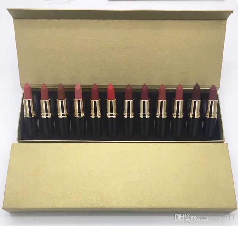 New Hot makeup Set Matte Lipstick 12pcs/set 12colors with English name Gift Box DHL shipping+Gift