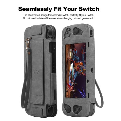 Leather Case Cover Screen Protector Protective Case for Nintendo Switch With Wrist Strap Lanyard