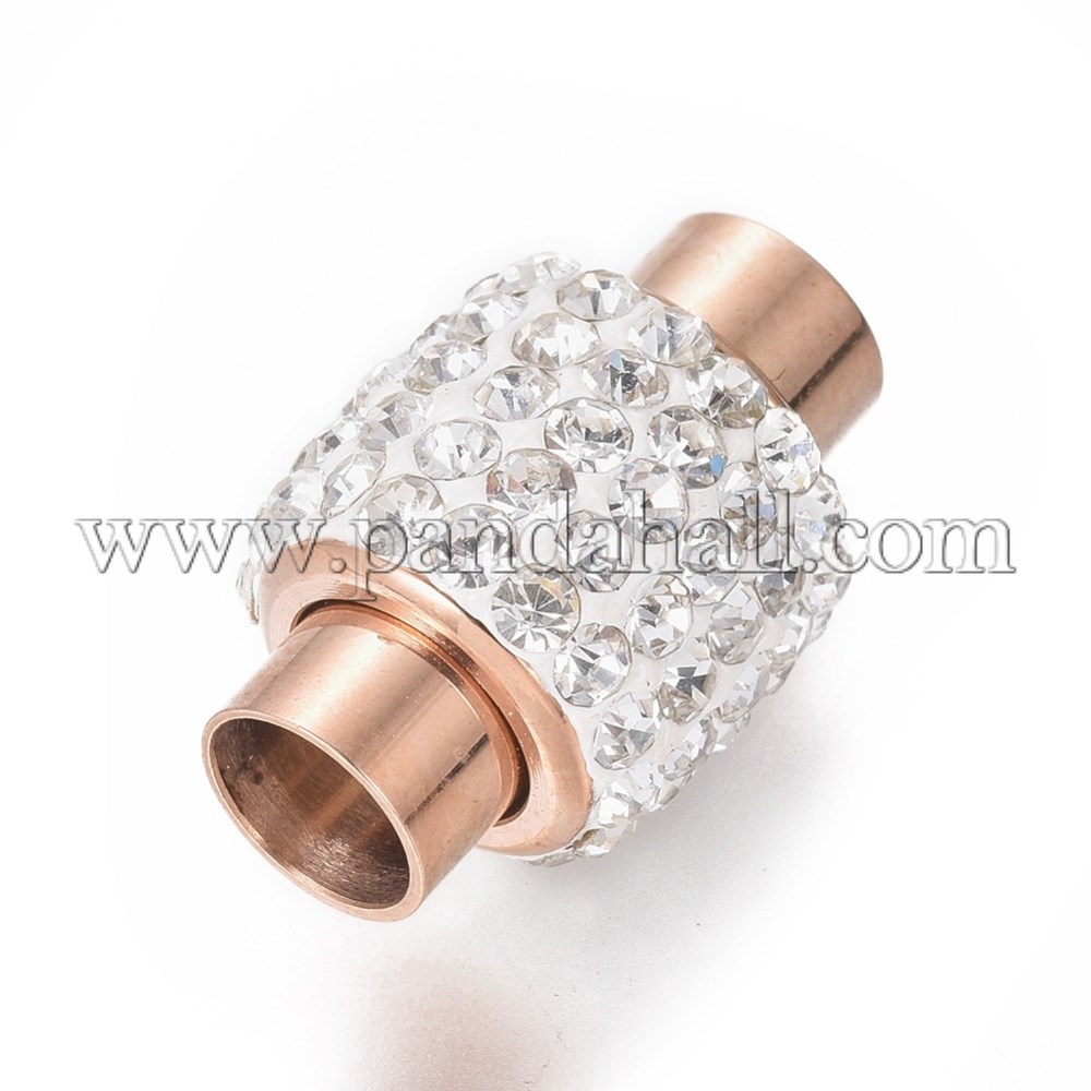 304 Stainless Steel Magnetic Clasps, with Polymer Clay Rhinestone, Column, Crystal, Rose Gold, 17x11mm, Hole: 5mm