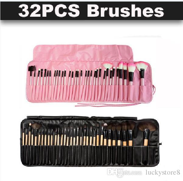32pcs Professional Makeup Brushes Wood pink black mini Set Cosmetic Brush Set Roll Up Case Eyeliner Eyeshadow Brush Tools DHL SHIP