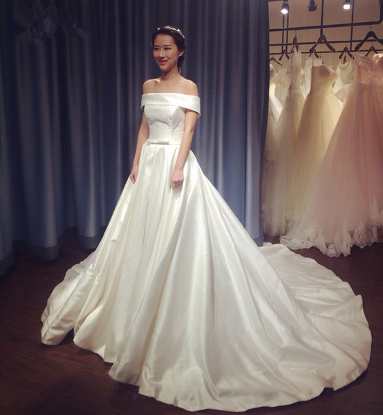2016 New Sleeveless Bateau A-Line Wedding Dresses With Draped Bow Taffeta Floor_Length Plus Size Sexy Bridal Gowns Wo7