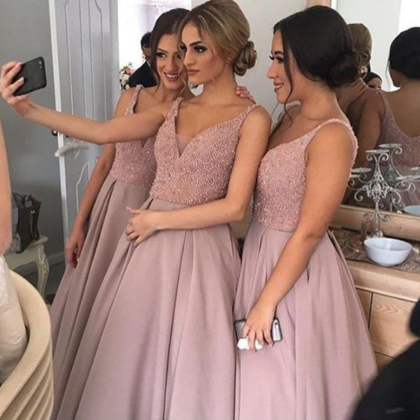Sparkling Blush Pink Bridesmaid Dresses V Neck Sleeveless High-Low Heavy Beaded Junior Country Bridesmaid Dresses Long Maid Of Honor Dress