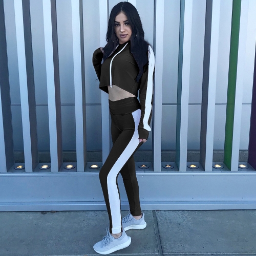 Women Sport Set Crop Hoodies Pants Long Sleeves Splicing Side Tights Gym Fitness Casual Two Pieces