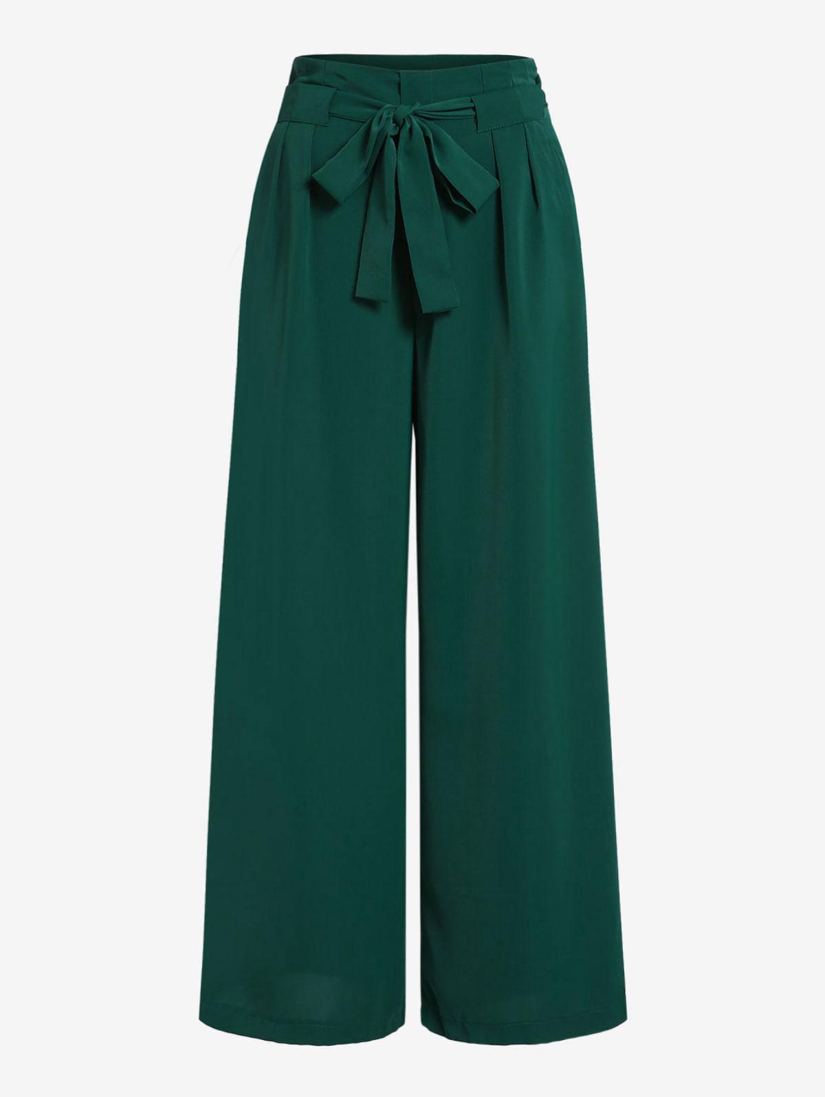 Solid Color Belt Wide Leg Flowy Pants S Green