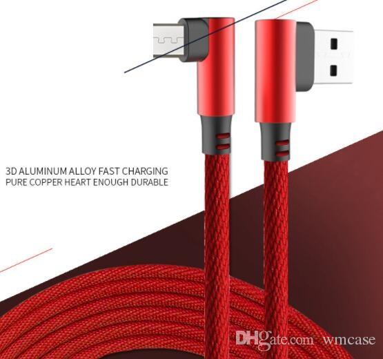 New 90 Degree Micro USB V8 Cable 1m 2A Fast Charger Cords Braided Type C Data Line for X 8 7 6 Smartphone I Samsung S4 S6 S7 S8 S9 Huawei