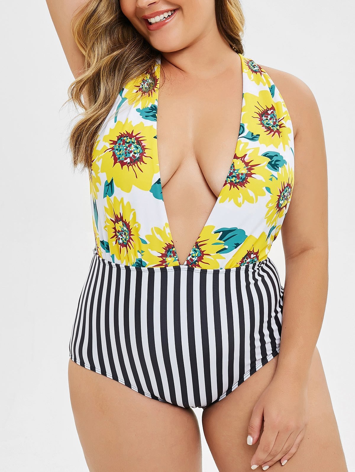 Plus Size Plunge Sunflower Print Backless Swimsuit