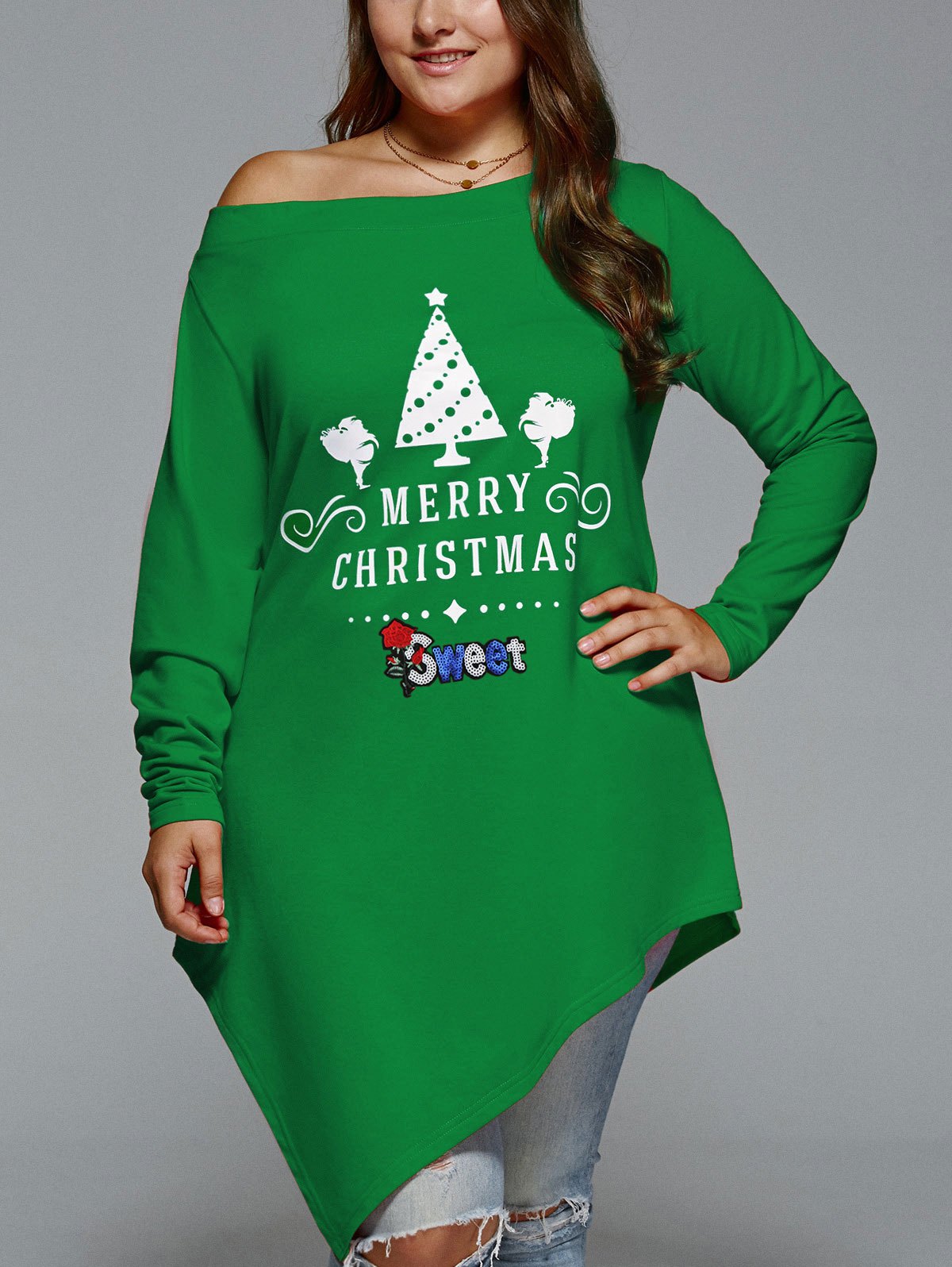 Christmas Skew Neck Plus Size Asymmetrical T-shirt
