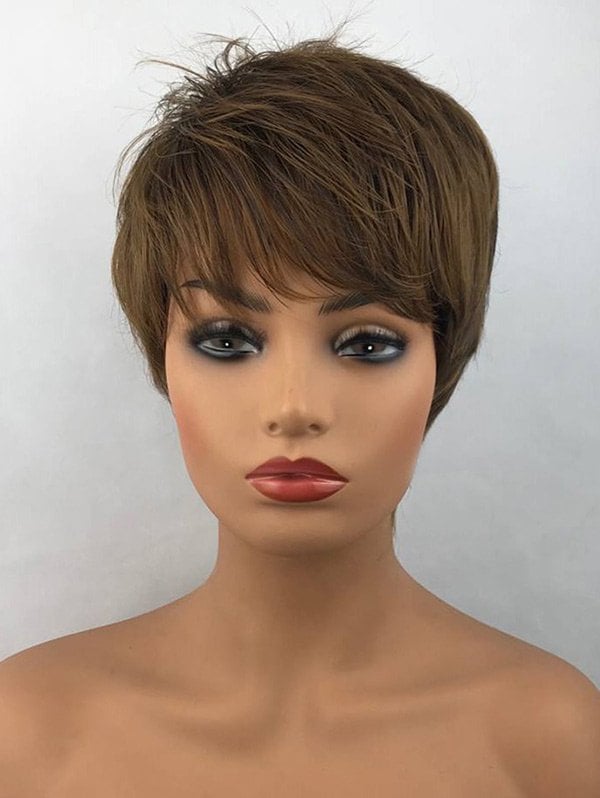 Short Inclined Bang Layered Straight Heat Resistant Synthetic Fiber Wig