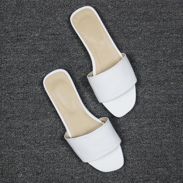 2020 Women Slippers Sandals Flat Summer Women Shoes Pu Leather Solid Peep Toe Fashion Outside Mules Female Shoes Plus Size 31-44