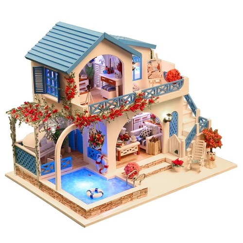 Miniatur Super Mini Größe Puppenhaus Gebäude Modell Kits Holzmöbel Spielzeug DIY Puppenhaus Blau und Weiß Stadt