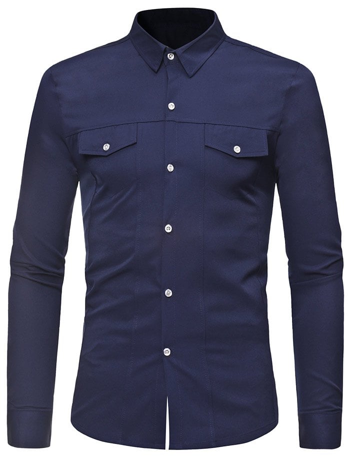 Faux Pockets Solid Color Button Up Shirt