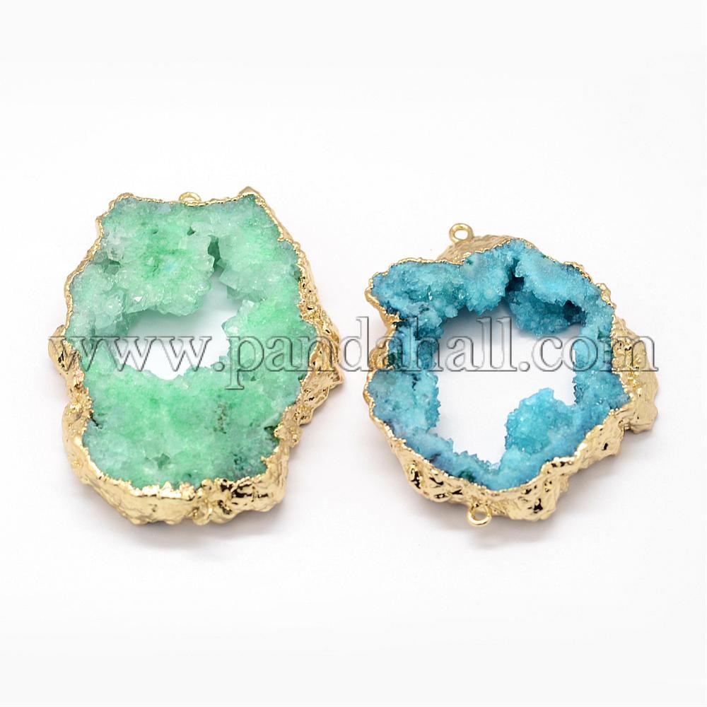 Electroplated Natural & Dyed Druzy Agate Links/Connectors, with Golden Plated Brass Findings, Nuggets, Mixed Color, 54~61x46x10mm, Hole: 2mm