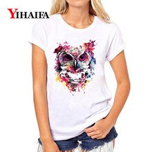 YIHAIFA New Women Short sleeve T-shirt  Galaxy Owl Print Graphics Tee Female Casual White T Shirts Pullover Tops