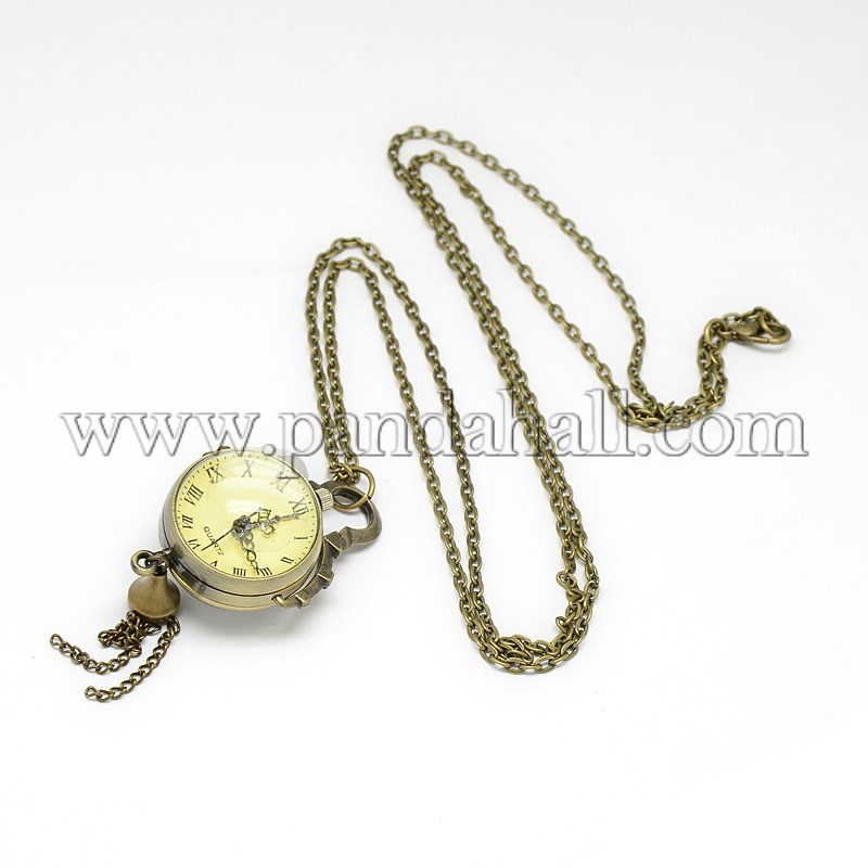 Alloy Round Pendant Necklace Quartz Pocket Watch, with Iron Chains and Lobster Claw Clasps, Antique Bronze, 31.1