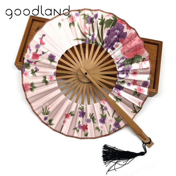 10pcs japanese style charming floral print spun silk bamboo hand fan in gift bag and tassel wedding party supplies