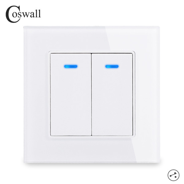Coswall Crystal Glass Panel 2 Gang 2 Way Pass Through On / Off Light Switch Stair Wall Switch Switched With LED Indicator 16A