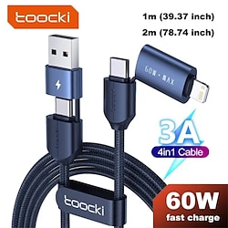 Toocki 4-in-1 Using 3A Fast Charging Cable 60W USB Type C Cable USB2.0 480Mbps Transmission Data Cable For iPhone / USB-A / Type-C Devices Lightinthebox