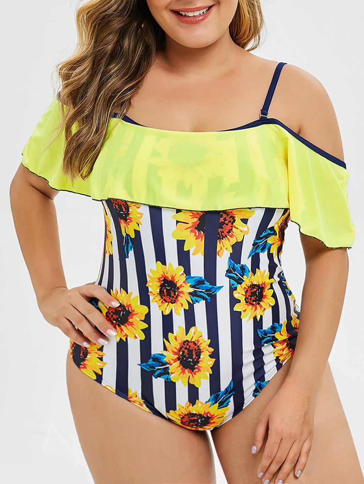 Ruffles Sunflower Stripes Plus Size Swimsuit