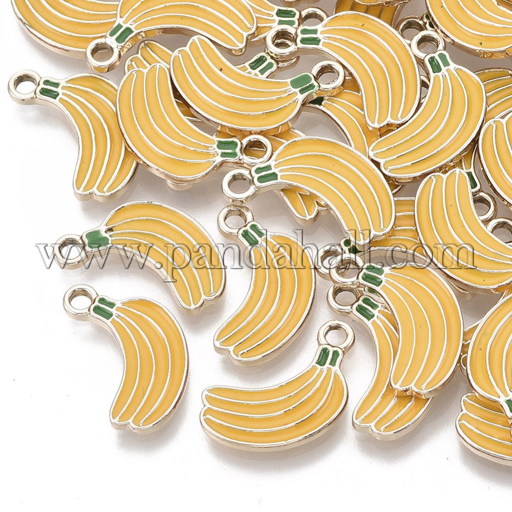Alloy Enamel Pendants, Light Gold, Banana, Orange, 20x11x2mm, Hole: 2mm