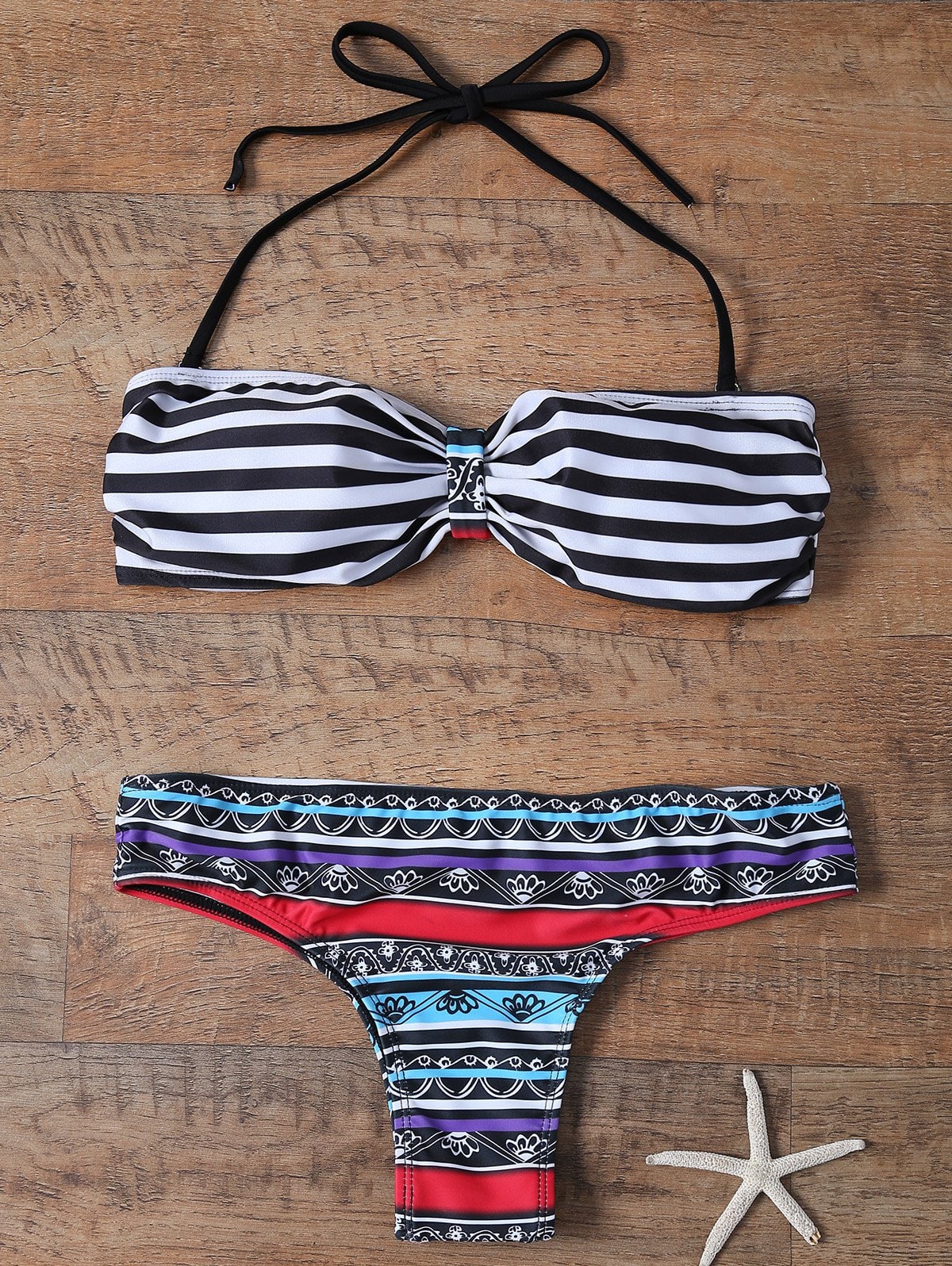 Sexy Halter Neck Ethnic Print Striped Women's Bikini Set