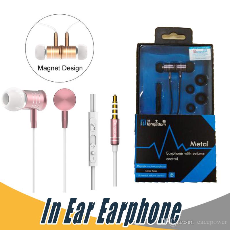Lansdom I8 Metal Magnet Earphone Bass In-Ear Headset with Mic Volume Control Earphone For iPhone Samsung Mobile Phone