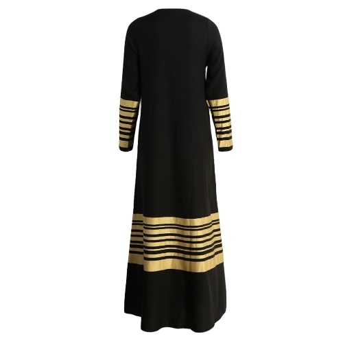 New Women Muslim Maxi Dress Stripes Zipper Long Sleeves Abaya Kaftan Islamic Robe Long Dress Orange/Black/Dark Blue