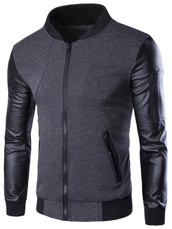 PU-Leather Spliced Stand Collar Zip-Up Jacket