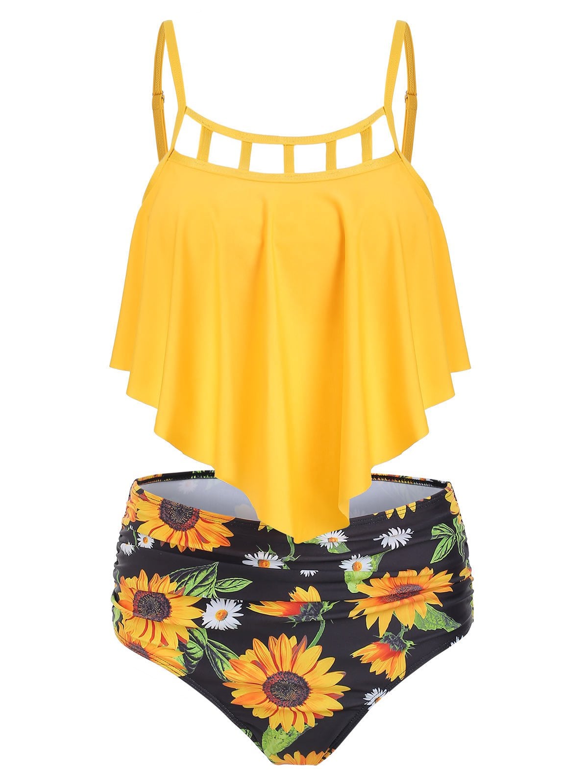 Cut Out Sunflower Overlay Tankini Set