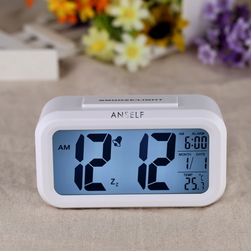 Anself LED Digital Alarm Clock Repeating Snooze Light-activated Sensor Backlight Time Date Temperature Display White